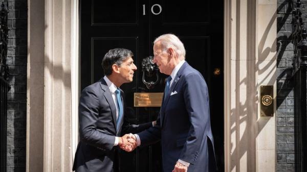 Prime Minister Rishi Sunak greets US President Joe Biden outside 10 Downing Street, London, ahead of a meeting during his visit to the UK. Picture date: Mo<em></em>nday July 10, 2023.