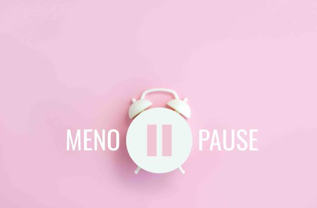 Word Menopause, pause sign on a white alarm clock on pink background. Minimal co<em></em>ncept hormone replacement therapy. Сopy space