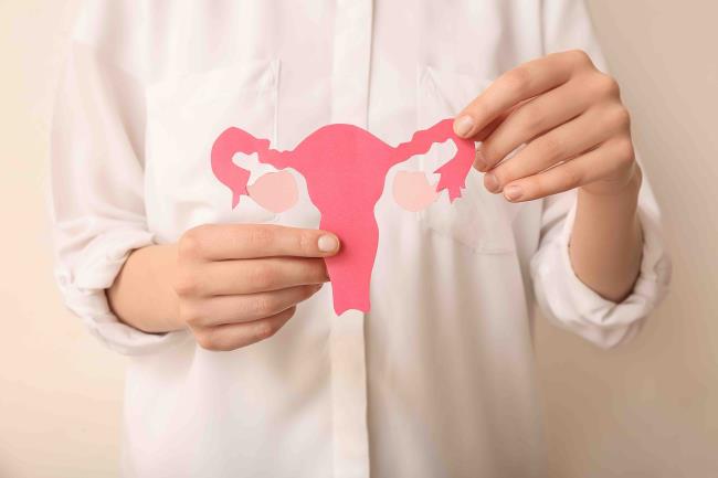 Woman with paper uterus on white background, closeup. 