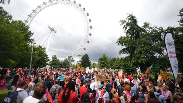 Members of the Natio<em></em>nal Education Unio<em></em>n (NEU) take part in a rally through Westminster to Parliament Square, London, as teachers stage walkouts across England in an o<em></em>ngoing dispute over pay. Picture date: Wednesday July 5, 2023. PA Photo. See PA story INDUSTRY Strikes. Photo credit should read: James Manning/PA Wire