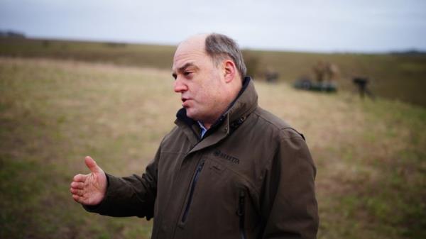 Defence Secretary Ben Wallace speaking to the media during a visit to Salisbury Plain in Wiltshire, wher<em></em>e Australian Armed Forces are supporting the UK-led training of Ukrainian recruits. Picture date: Wednesday February 1, 2023.