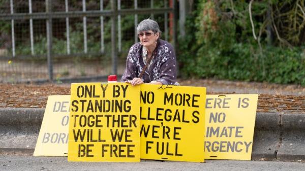 Protesters outside the asylum accommodation centre at MDP Wethersfield in Essex, a 335-hectare airfield owned by the Ministry of Defence (MoD), wher<em></em>e the Home Office plan to house adult male migrants at the UK&#39;s largest asylum accommodation centre. Picture date: Tuesday July 11, 2023.