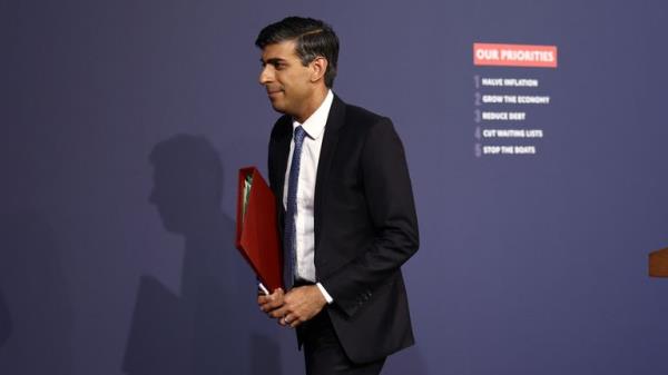 Prime Minister Rishi Sunak leaves after holding a news co<em></em>nference in Downing Street