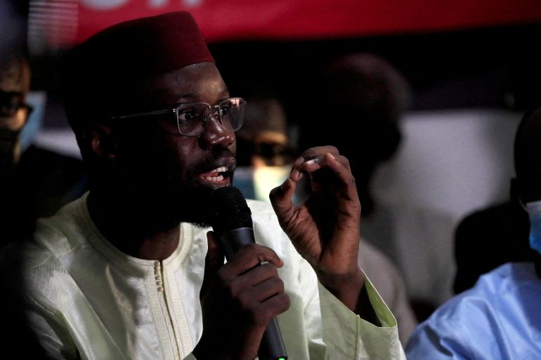 Opposition leader Ousmane So<em></em>nko speaks during a news co<em></em>nference in Daka