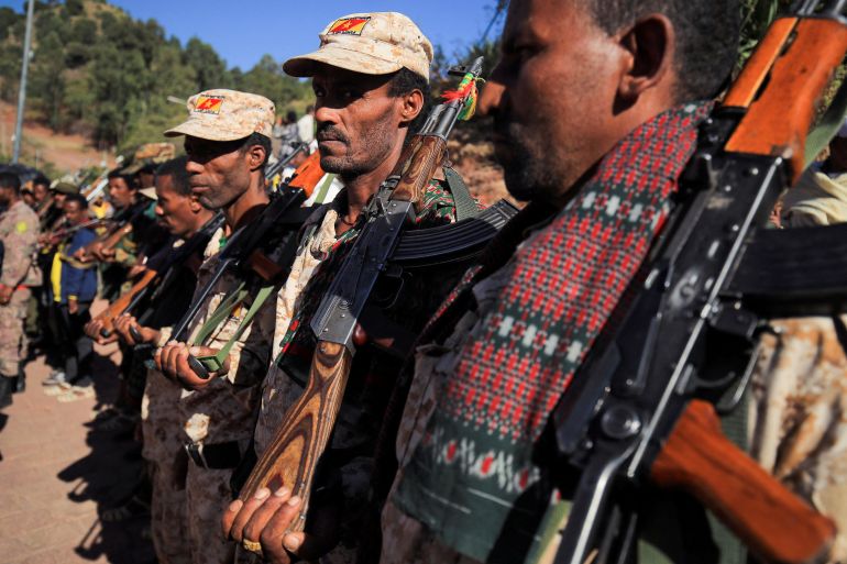 Members of the Amhara Special Forces march during the annual St. George's Day celebrations at the Saint George