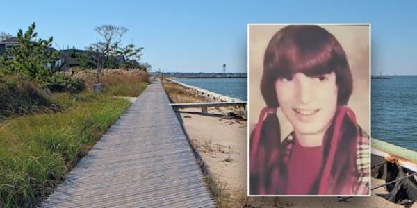 Karen Vergata wearing pigtails on front of a view of shoreline.