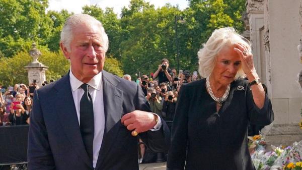 King Charles and Camilla outside Buckingham Palace after the Queen&#39;s death. Pic: AP