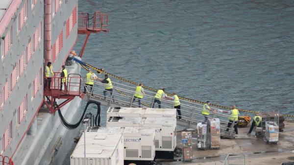 Food is loaded o<em></em>nto the Bibby Stockholm accommodation barge at Portland Port in Dorset