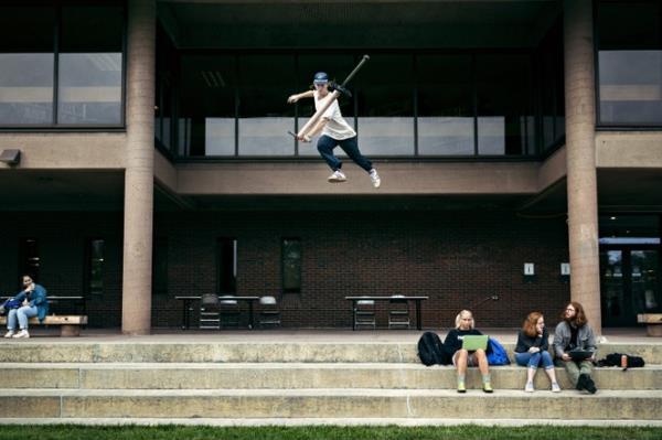 A man on a pogo stick