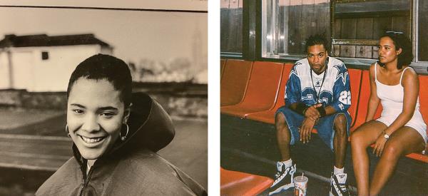 2 photos: sepia-to<em></em>ned portrait of short-haired woman in hoodie; man and woman sitting on orange chairs near ferry window