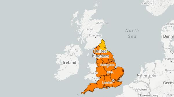 Areas of the UK currently under yellow and amber heat-health a<em></em>lerts. Pic: UKHSA