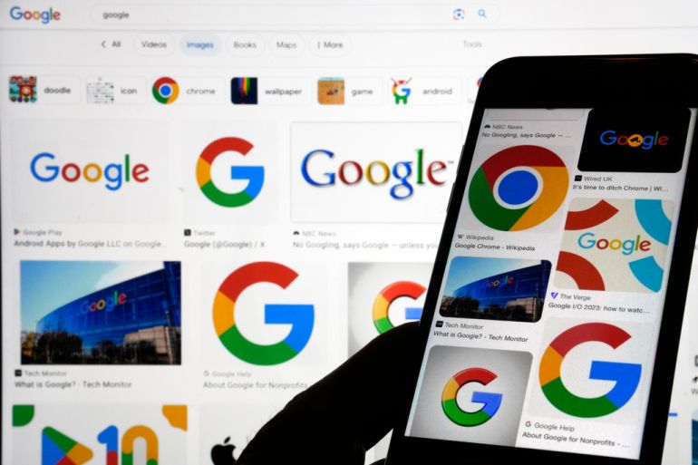 The Google logo appears on a phone and laptop screen