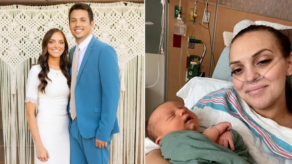 Married couple next to woman in hospital with baby.