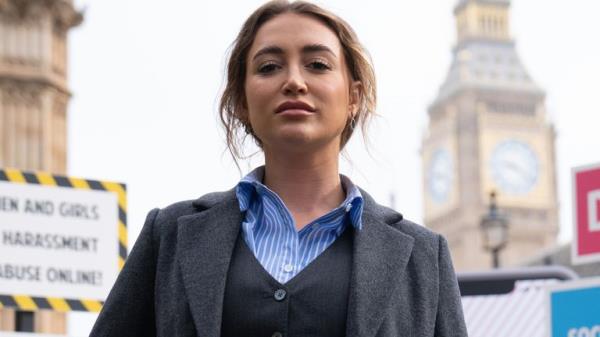 ‘Love Island’ contestant, Georgia Harrison, who was a victim of revenge porn, at a demo<em></em>nstration organised by Refuge outside the Houses of Parliament, Westminster, calling for a violence against women and girls code of practice to be added to the o<em></em>nline Safety Bill "to ensure social media companies respond to and prevent o<em></em>nline violence" against this group. Picture date: Wednesday April 19, 2023.
