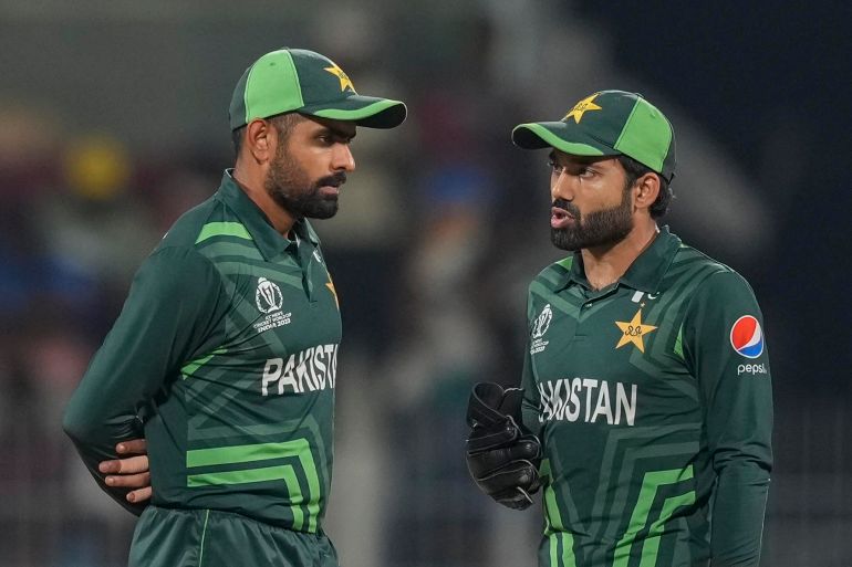 Pakistan's captain Babar Azam reacts during the ICC Men's Cricket World Cup match with Afghanistan in Chennai