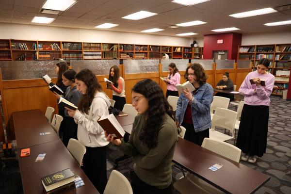 Students gather for morning prayer at Ida Crown Jewish Academy in Skokie on Oct. 27, 2023.  