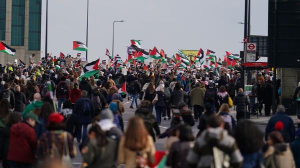 The march stretched from Park Lane at Hyde Park Corner to the US Embassy in Nine Elms. Pic: PA