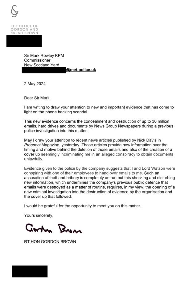 The letter former British prime minister Gordon Brown sent to the most senior police officer at Scotland Yard demanding a criminal investigation into allegations of cover-up by News Corporation.