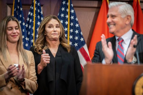 Caitlyn Jenner speaks at a press conference, Monday, March 18, 2024, in Mineola, N.Y.