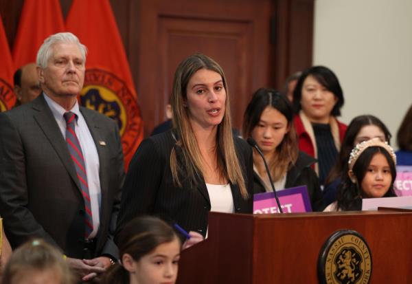 Nassau County Executive Bruce Blakeman and Samantha Goetz with the Nassau County legislature, at a Press co<em></em>nference with children, at the Theodore Roosevelt Building at 1550 Franklin Avenue in Mineola, Long Island, NY