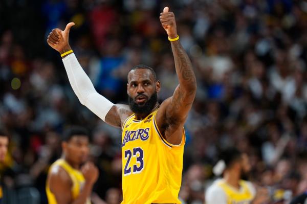 Los Angeles Lakers forward LeBron James gestures for a call in the second half of Game 5 of an NBA basketball first-round playoff series against the Denver Nuggets Monday, April 29, 2024, in Denver.