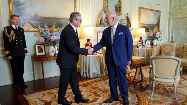 King Charles welcomes  Keir Starmer during an audience at Buckingham Palace.
Pic: PA