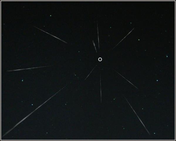 Radiant point: Thin white streaks of different lengths radiating out from a white O in a dark sky.