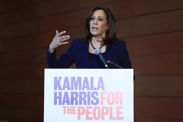 FILE - Sen. Kamala Harris, D-Calif., speaks to members of the media at her alma mater, Howard University, Jan. 21, 2019 in Washington, following her announcement earlier in the morning that she will run for president. (AP Photo/Manuel Balce Ceneta, File)