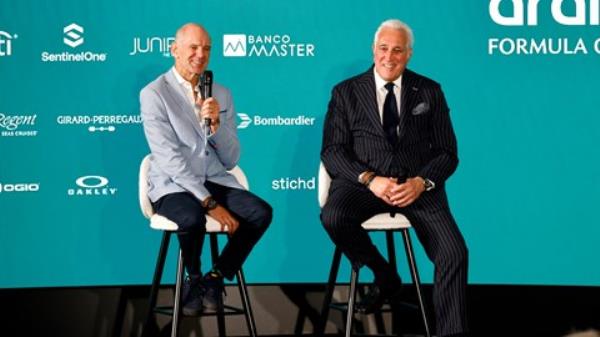 Adrian Newey and Lawrence Stroll on stage