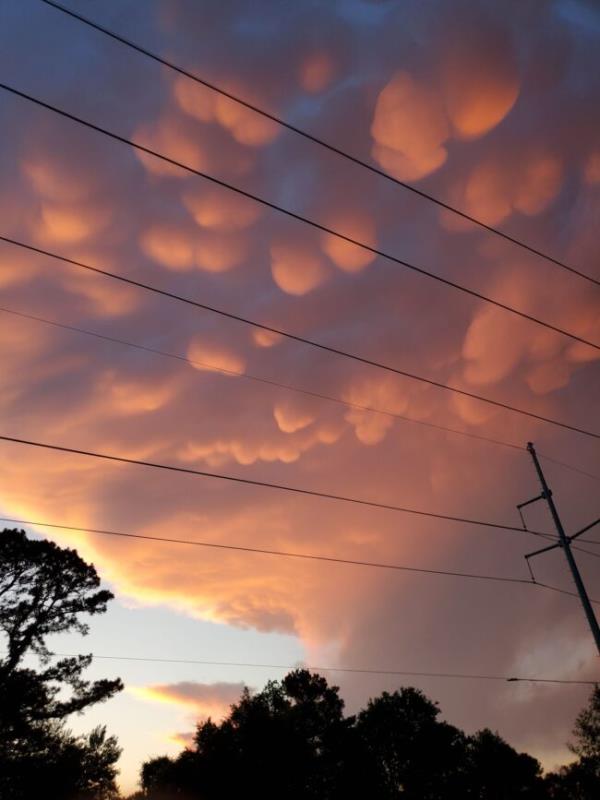 Cloud bank overhead with orange bubbles and darker blue behind.