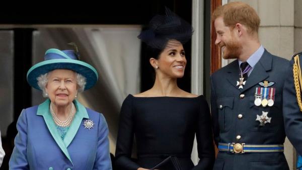 FILE - In this Tuesday, July 10, 2018 file photo Britain's Queen Elizabeth II, and Meghan the Duchess of Sussex and Prince Harry watch a flypast of Royal Air Force aircraft pass over Buckingham Palace in London. Prince Harry and Meghan Markle are to no lo<em></em>nger use their HRH titles and will repay ..2.4 million of taxpayer's mo<em></em>ney spent on renovating their Berkshire home, Buckingham Palace announced Saturday, Jan. 18. 2020. (AP Photo/Matt Dunham, File)                                                                                                                        