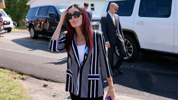 Laura Loomer arrives with Republican presidential nominee former President Do<em></em>nald Trump for a visit to the Shanksville Volunteer Fire Company in Shanksville, Pa., Wednesday, Sept. 11, 2024. (AP Photo/Matt Rourke)