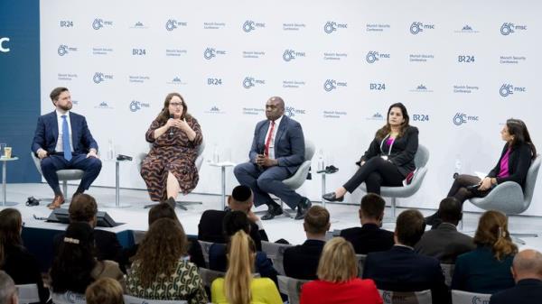 18 February 2024, Bavaria, Munich: J.D. Vance (l-r), US Senator, Ricarda Lang, Federal Chairwoman of B'ndnis 90/Die Gr'nen, David Lammy, British politician, Priyanka Chaturvedi, Indian politician and Nathalie Tocci, moderator, recorded on the last day of the 60th Munich Security Co<em></em>nference (MSC) at the Hotel Bayerischer Hof. Photo by: Tobias Hase/picture-alliance/dpa/AP Images