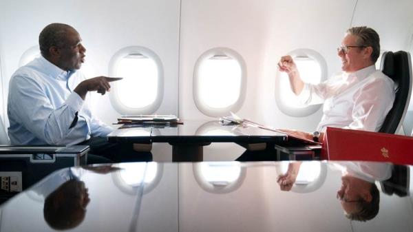 Prime Minister Sir Keir Starmer and Foreign Secretary David Lammy work on the plane as they fly to Washington DC, for talks with President Joe Biden on resolving the co<em></em>nflicts in Ukraine and Gaza.Picture date: Thursday September 12, 2024.