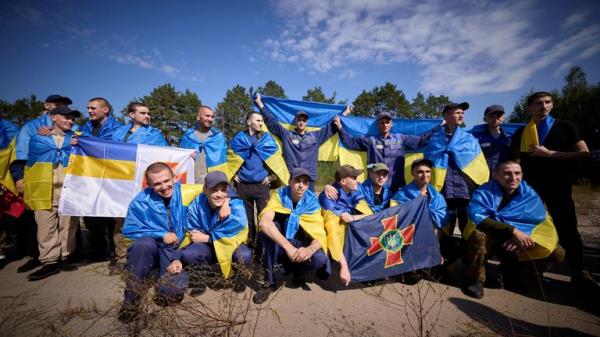 Ukrainian priso<em></em>ners of war (POWs) pose for a picture after an exchange with Russia, at an unknown location in Ukraine. Pic: Ukrainian Presidential Press Service via Reuters