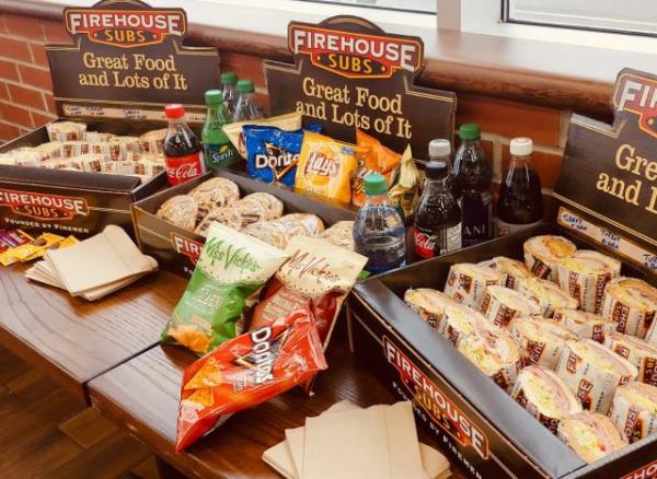 firehouse subs sandwich catering platters with chips and drinks