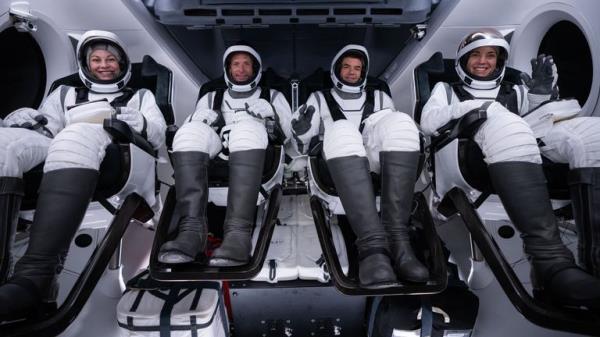 Mandatory Credit: Photo by EyePress News/Shutterstock (14664570a).The Polaris Dawn crew at the Kennedy Space Center, from left to right: Anna Menon as mission specialists, retired Air Force Lieutenant Colo<em></em>nel Scott Kidd Poteet as its pilot, Jared Isaacman, CEO of Shift4, as commander, and SpaceX engineers Sarah Gillis completed a full rehearsal of launch day activities ahead of liftoff on Tuesday Aug 27, 2024. Polaris Dawn, a private space mission that aims to complete the first-ever civilian spacewalk, is expected to launch this week. On X, SpaceX said it's targeting Tuesday August 27 at 3:38AM ET for liftoff of the Falcon 9 rocket that will carry the Polaris Dawn crew to orbit. Led by billio<em></em>naire Jared Isaacman, Polaris Dawn plans to send its crew of four private citizens as far as 870 miles from Earth - farther than any human has traveled since the Apollo program. The spacewalk, in which two of the crew members will step outside the SpaceX Dragon capsule, will take place at an altitude of 435 miles above Earth. (SpaceX handout via EYEPRESS).The Polaris Dawn Crew Prep for First Commercial Spacewalk at the Kennedy Space Center, Orlando, Florida - 26 Aug 2024