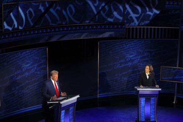 Do<em></em>nald Trump, left, and Kamala Harris debate on Sept. 10, 2024.