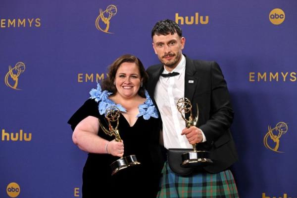 Jessica Gunning and Josh Gadd with their Emmys for Baby Reindeer