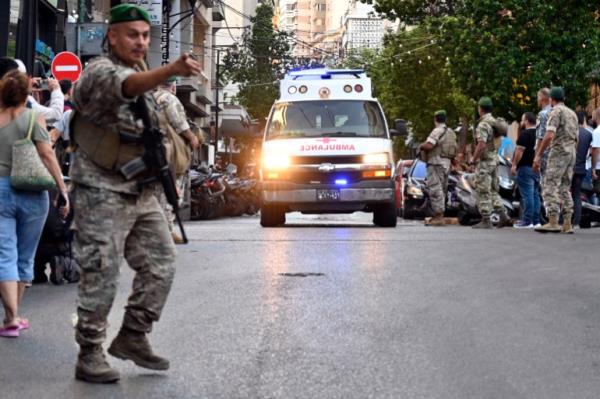 An ambulance arrives at the American University of Beirut Medical Center (AUBMC)