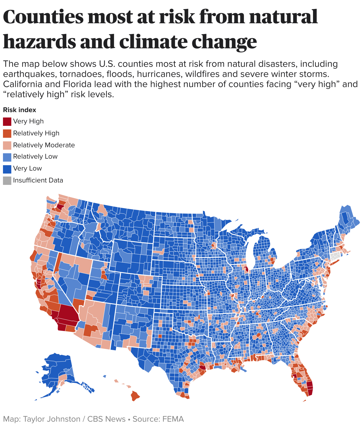 U.S. map showing the Natio<em></em>nal Risk Index by county.