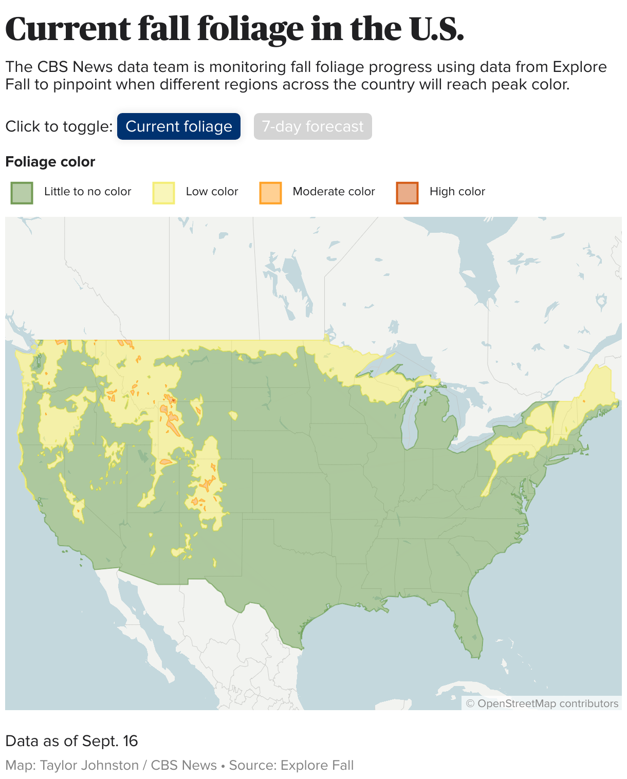 U.S. map showing current fall foliage