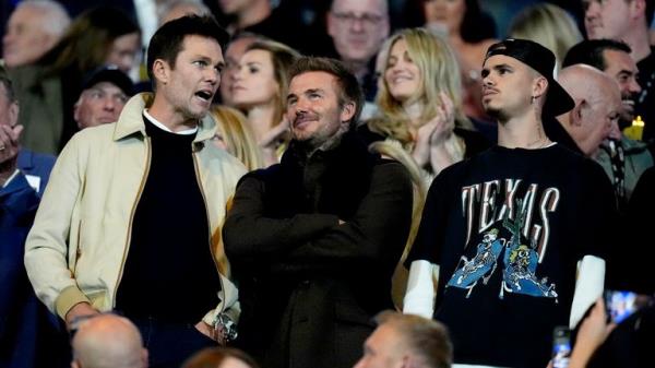 Birmingham City co-owner Tom Brady (left) with Inter Miami co-owner David Beckham (centre) withDavid's son Romeo in the stands.
Pic: PA