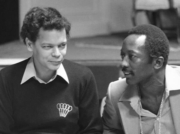 FILE - Civil Rights activist and politician Julian Bond, left, appears with "Saturday Night Live" cast member Garrett Morris during a rehearsal for the sketch comedy series on April 7, 1977, in New York. (AP Photo/Dave Pickoff, File)