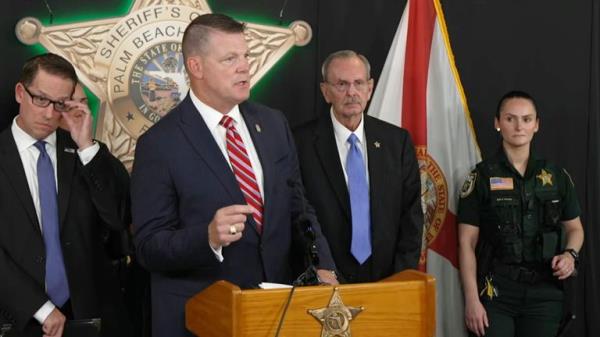 From left: FBI special agent in charge for the Miami field office Jeffrey B Veltri; acting director Ro<em></em>nald Rowe Jr of the United States Secret Service (USSS); Palm Beach County Sheriff Ric Bradshaw - speaking at a news co<em></em>nference on 16/09/2024 updating reporters on an alleged assassination attempt on Do<em></em>nald Trump. Screengrab from NBC feed, no credit required