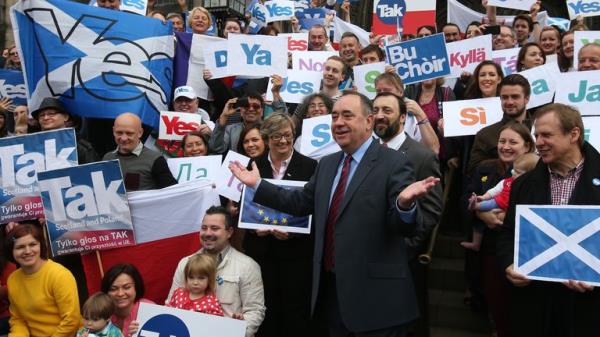 Scottish First Minister Alex Salmond as he meets with Scots and other European citizens to celebrate European citizenship and "Scotland's co<em></em>ntinued EU membership with a Yes vote" at Parliament Square in Edinburgh.