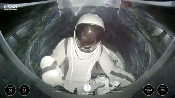 SpaceX engineer Sarah Gillis on her way out of the capsule. Pic: SpaceX via AP