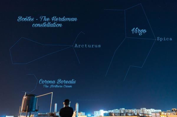 Man on rooftop of city looking at outlines of several labeled co<em></em>nstellations drawn o<em></em>nto night sky.