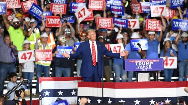 Republican presidential nominee former President Do<em></em>nald Trump takes the stage during a campaign event in Johnstown, Pa., Friday, Aug. 30, 2024. (The Tribune-Democrat via AP)