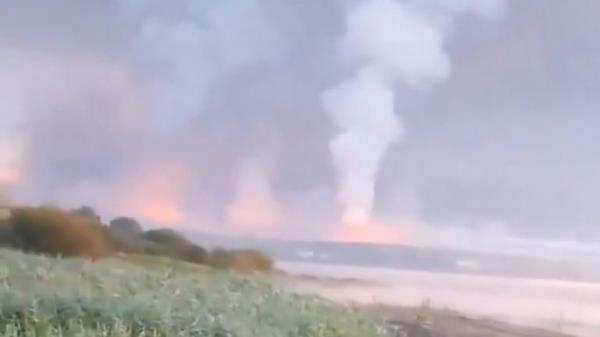 Smoke and flames rise following a Ukrainian drone attack, amid the Russia-Ukraine conflict, in Toropets, Tver region, Russia September 18, 2024, in this screen grab obtained from a social media video. Social media/via REUTERS  THIS IMAGE HAS BEEN SUPPLIED BY A THIRD PARTY. NO RESALES. NO ARCHIVES.